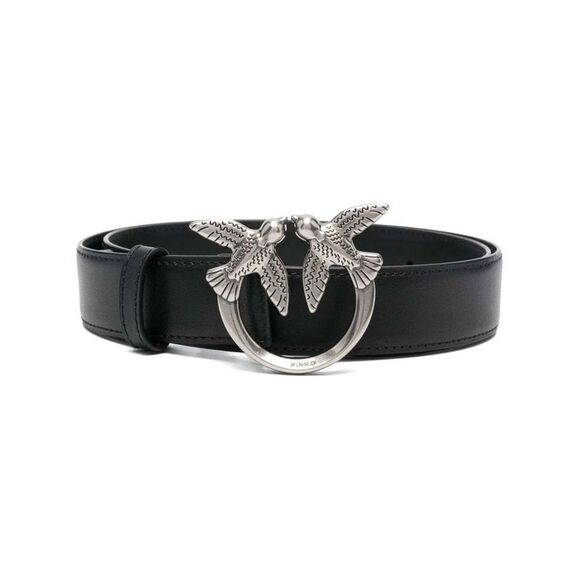 Pinko 'Love Birds' Black Belt With Logo Buckle In Soft Silky Leather Woman